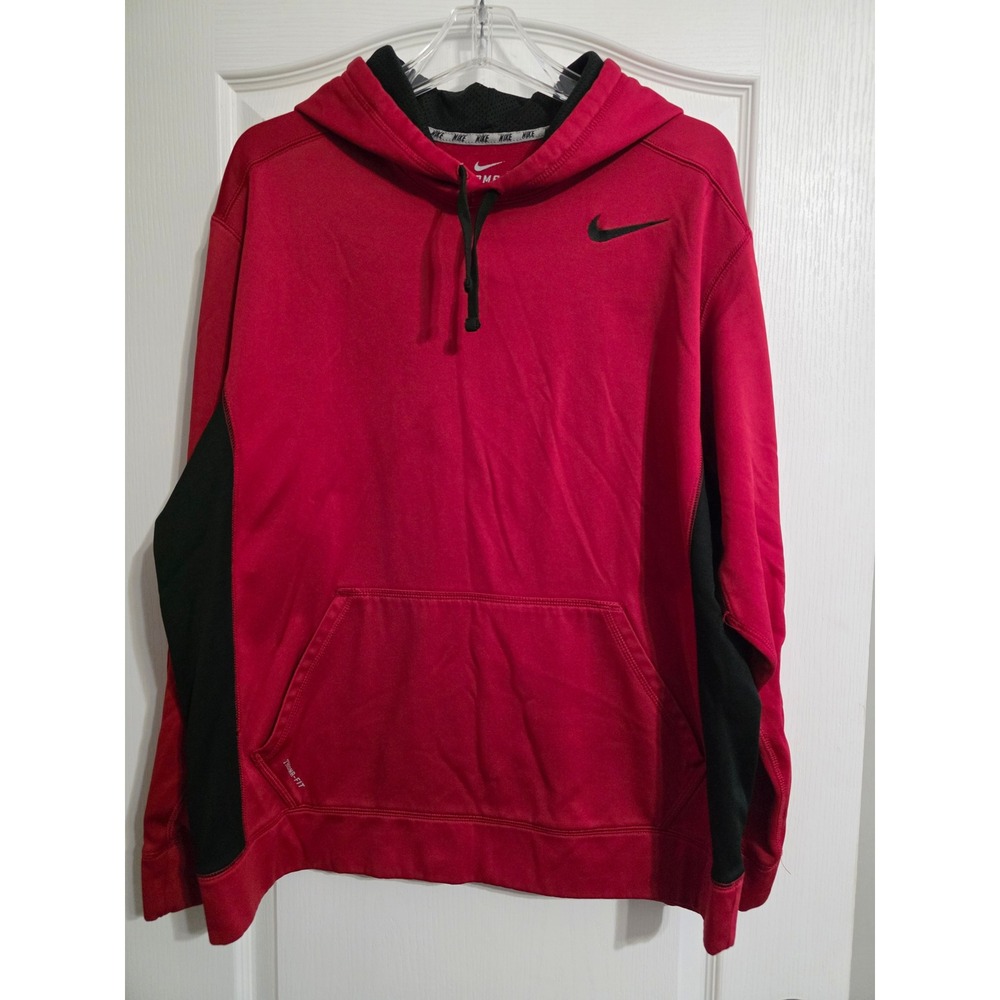 Nike Hoodie Mens XL Red Black Therma-Fit Pullover Sweatshirt Fall Winter Sports